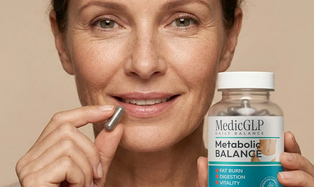Femme tenant une gélule et un flacon de MedicGLP Metabolic Balance